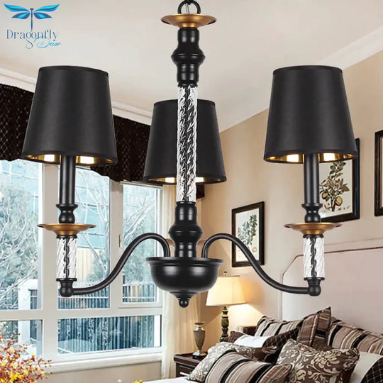3/5/6 Lights Linen Chandelier Traditional Black Conical Living Room Suspended Lighting Fixture