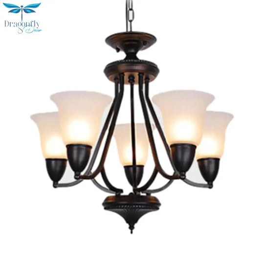 3/5/6 Lights Pendant Light Classic Bell Frosted Glass Hanging Chandelier In Deep Tan For Dining Room