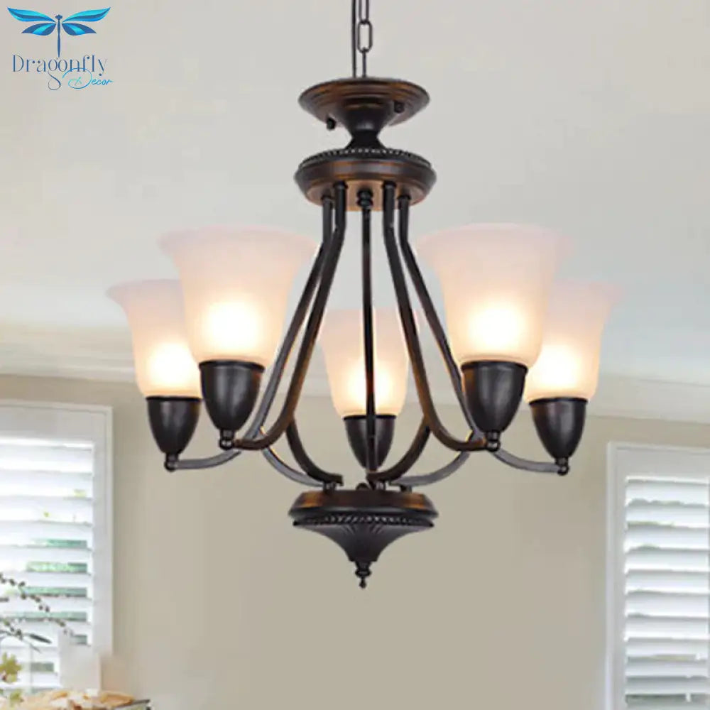 3/5/6 Lights Pendant Light Classic Bell Frosted Glass Hanging Chandelier In Deep Tan For Dining Room