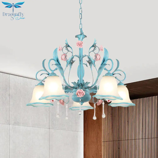 3/5/8 - Head Chandelier Light Pastoral Kitchen Pendant Lamp With Scallop - Trim White Glass Shade