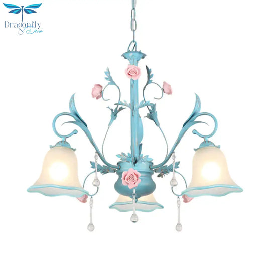 3/5/8 - Head Chandelier Light Pastoral Kitchen Pendant Lamp With Scallop - Trim White Glass Shade