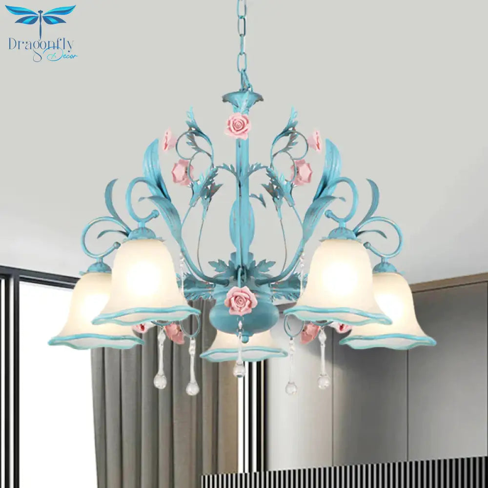 3/5/8 - Head Chandelier Light Pastoral Kitchen Pendant Lamp With Scallop - Trim White Glass Shade