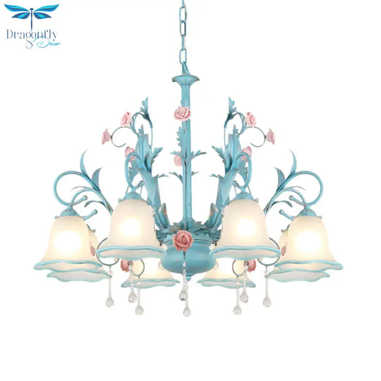 3/5/8 - Head Chandelier Light Pastoral Kitchen Pendant Lamp With Scallop - Trim White Glass Shade