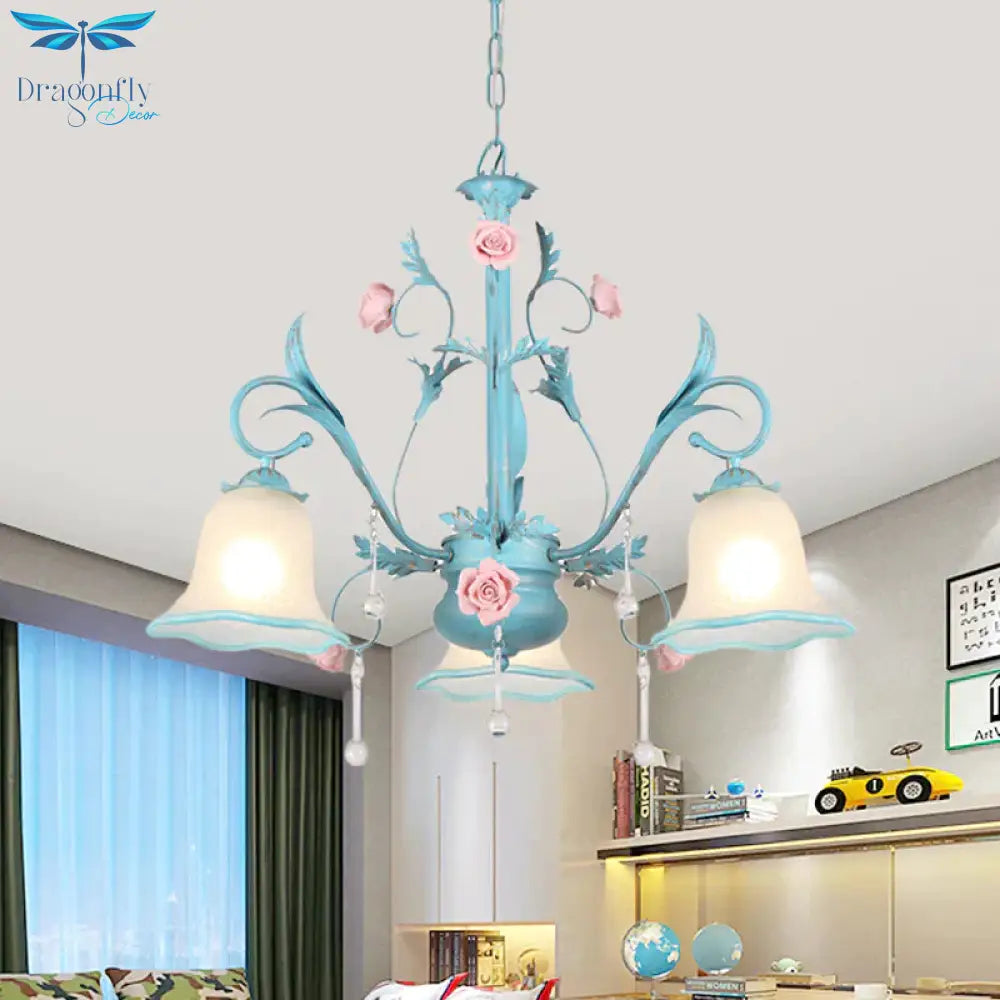 3/5/8 - Head Chandelier Light Pastoral Kitchen Pendant Lamp With Scallop - Trim White Glass Shade