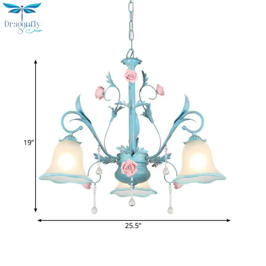 3/5/8 - Head Chandelier Light Pastoral Kitchen Pendant Lamp With Scallop - Trim White Glass Shade