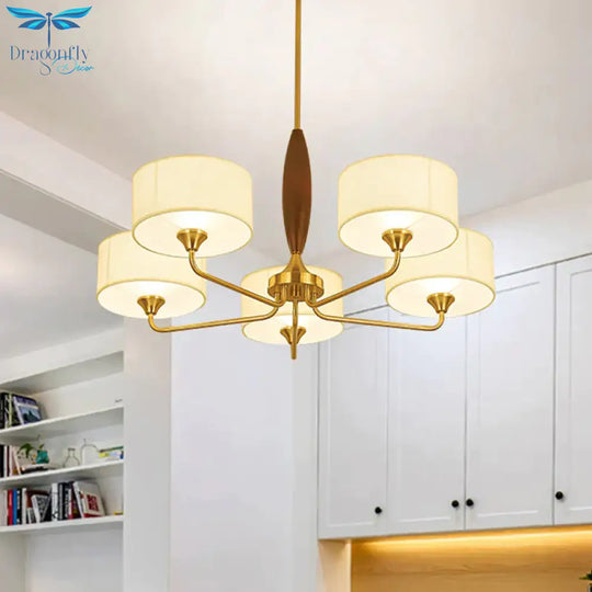 3/5 - Bulb Drop Pendant Countryside Bedroom Chandelier Lamp With Drum Fabric Shade In White