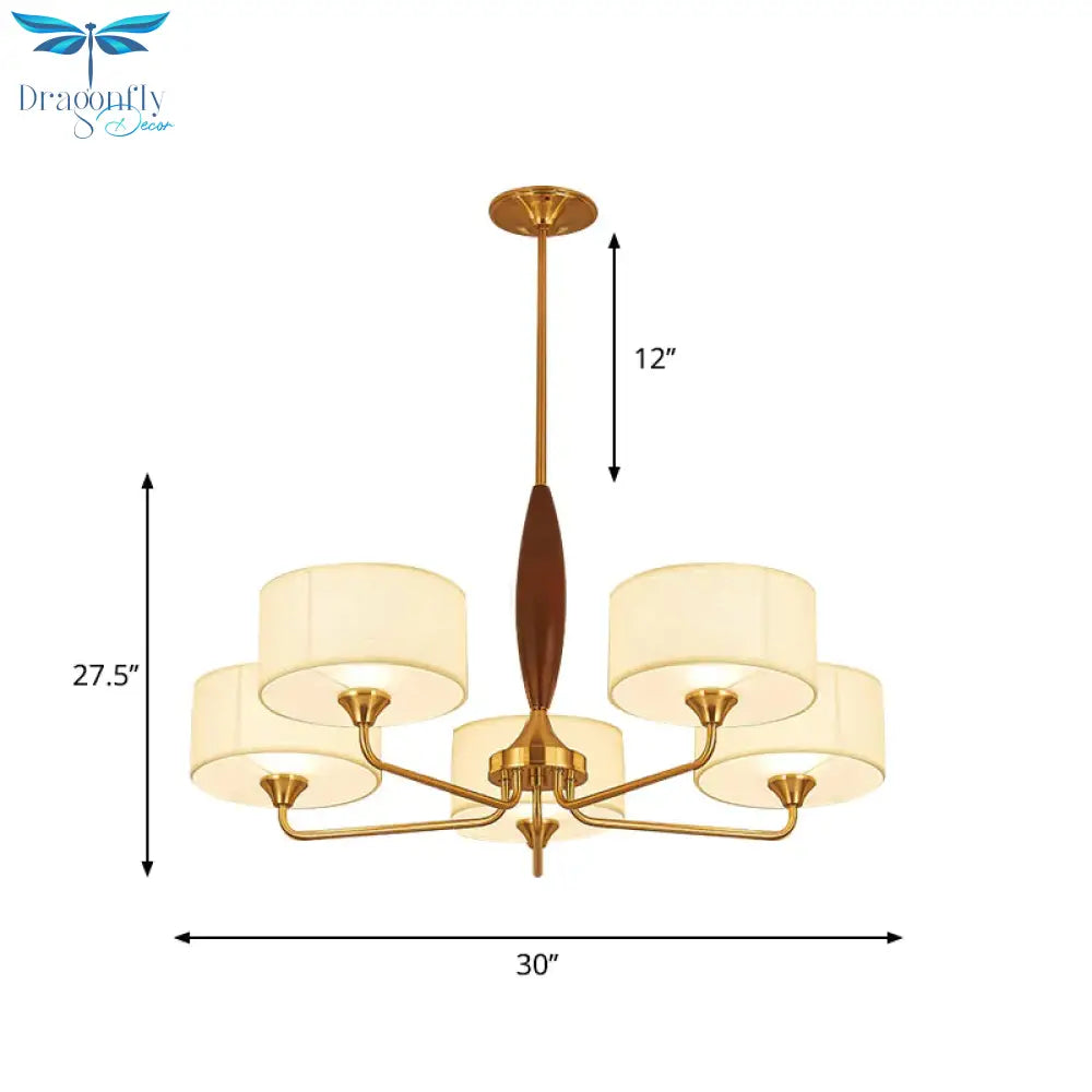 3/5 - Bulb Drop Pendant Countryside Bedroom Chandelier Lamp With Drum Fabric Shade In White
