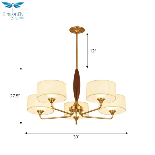 3/5 - Bulb Drop Pendant Countryside Bedroom Chandelier Lamp With Drum Fabric Shade In White