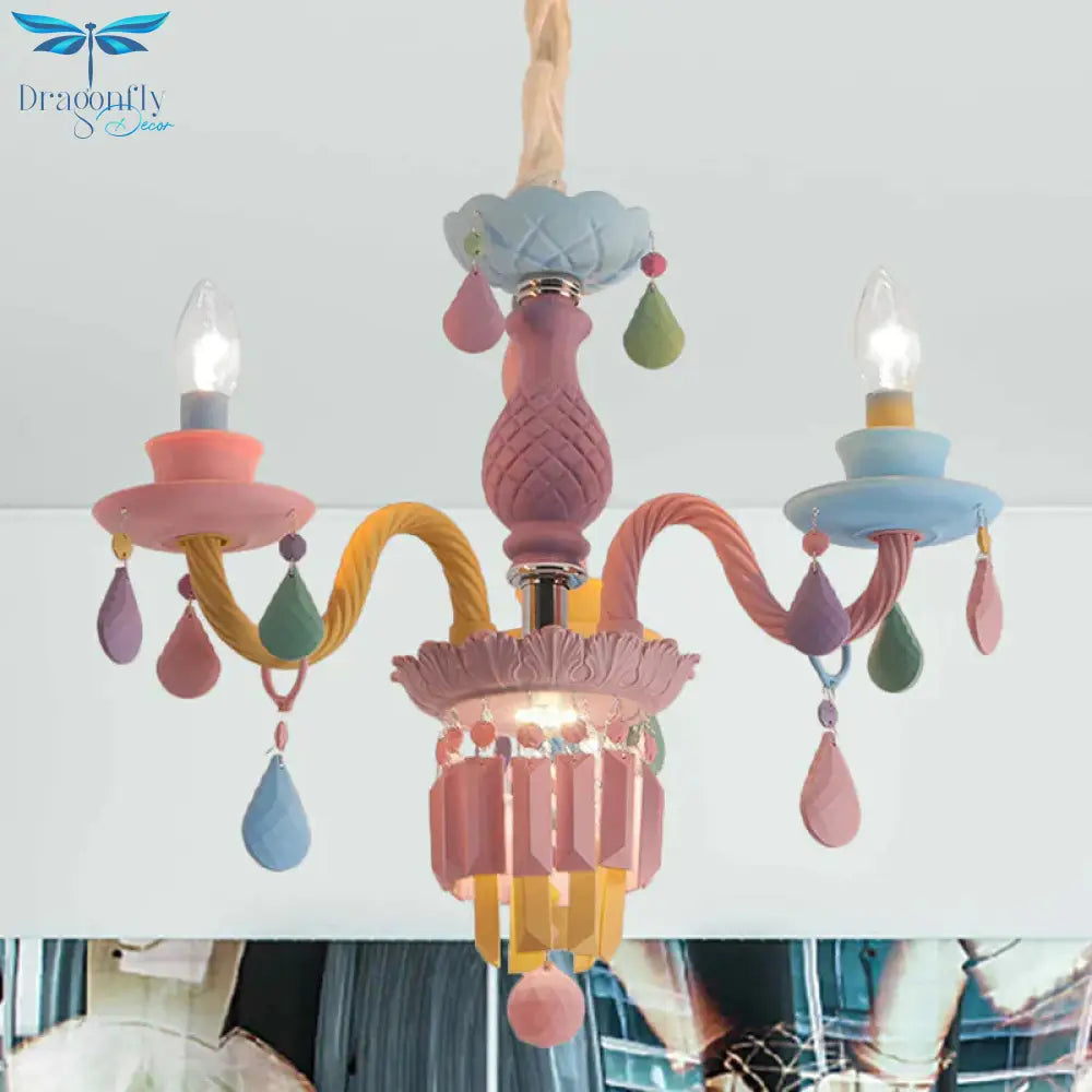 3/5 Bulbs Candle Chandelier Pendant Light Macaron Glass Hanging With Crystal Accent In Multi Color