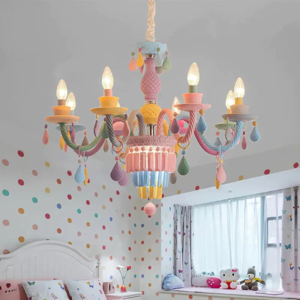 3/5 Bulbs Candle Chandelier Pendant Light Macaron Glass Hanging With Crystal Accent In Multi Color