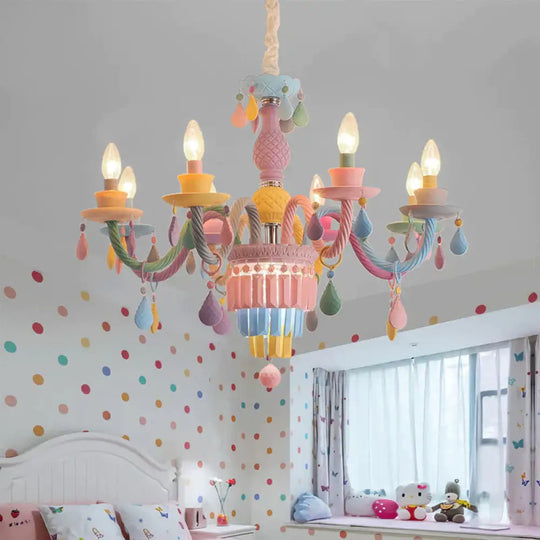 3/5 Bulbs Candle Chandelier Pendant Light Macaron Glass Hanging With Crystal Accent In Multi Color