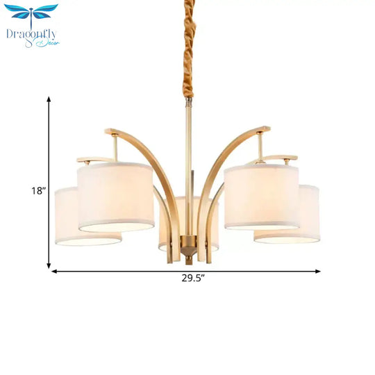 3/5 Bulbs Chandelier Lighting Country Drum Shade Fabric Hanging Lamp In Gold With Metal Curved Arm