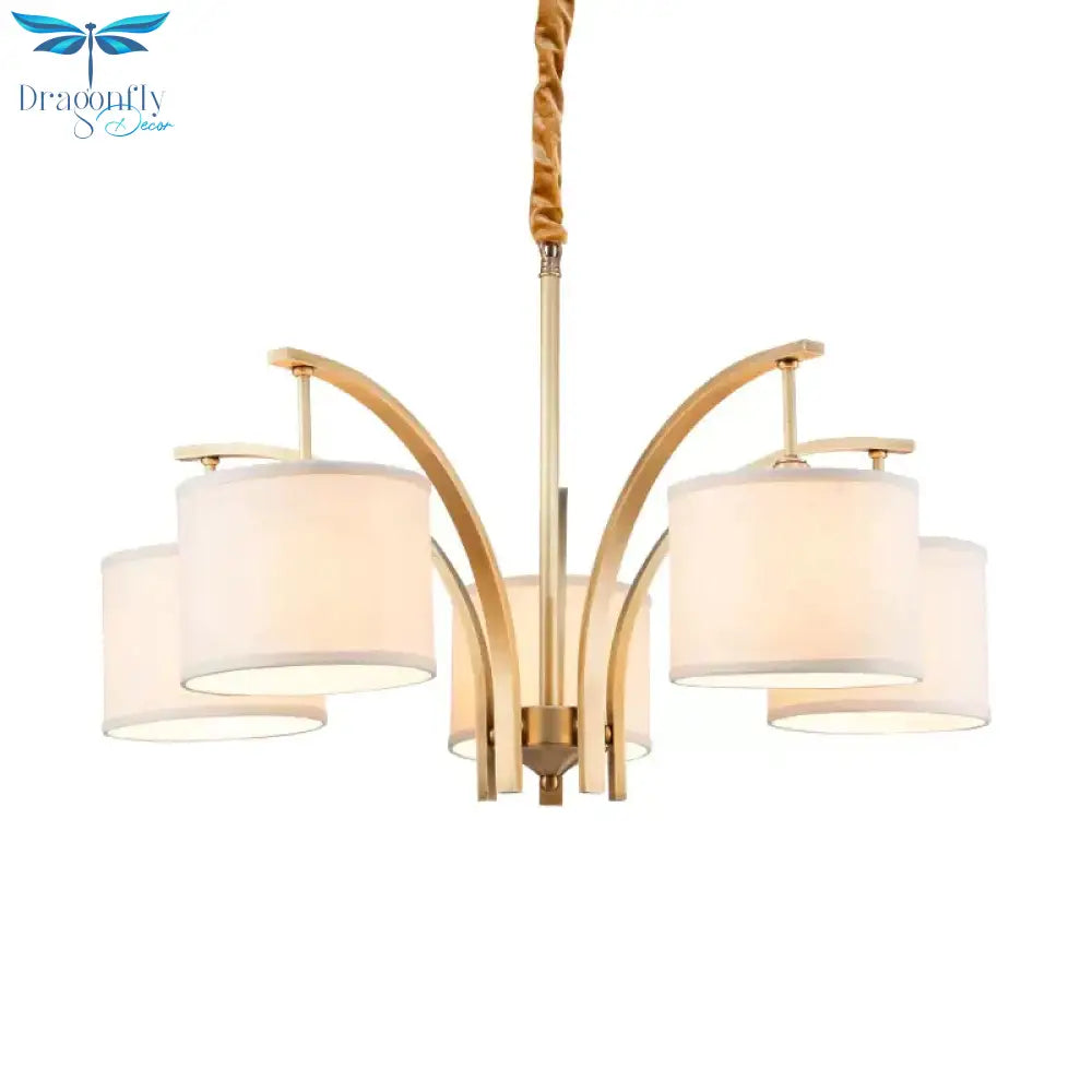 3/5 Bulbs Chandelier Lighting Country Drum Shade Fabric Hanging Lamp In Gold With Metal Curved Arm