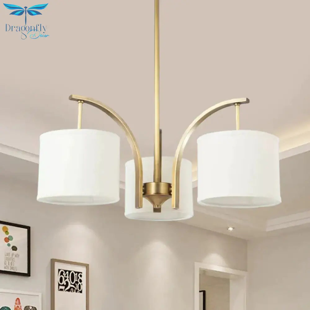3/5 Bulbs Chandelier Lighting Country Drum Shade Fabric Hanging Lamp In Gold With Metal Curved Arm