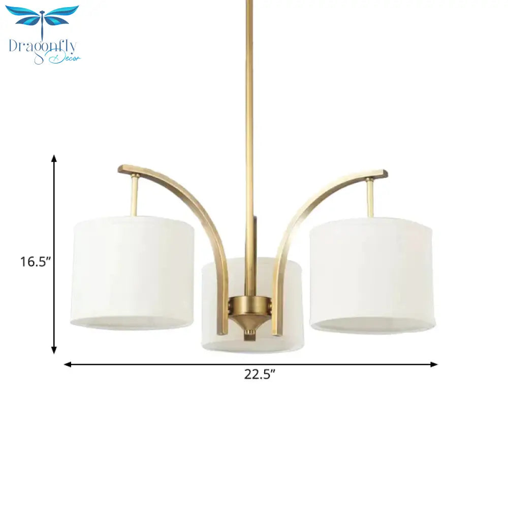 3/5 Bulbs Chandelier Lighting Country Drum Shade Fabric Hanging Lamp In Gold With Metal Curved Arm