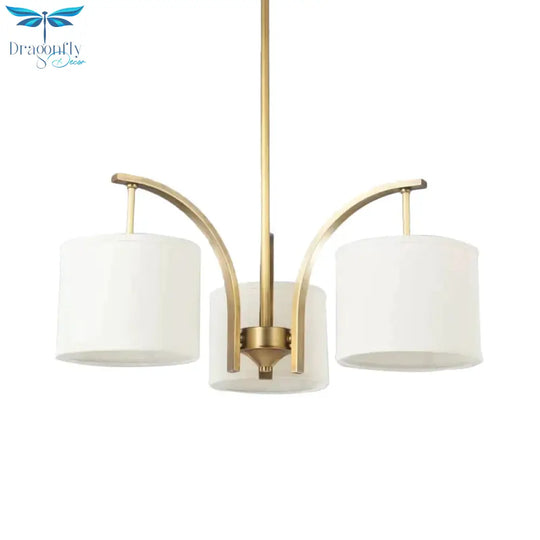 3/5 Bulbs Chandelier Lighting Country Drum Shade Fabric Hanging Lamp In Gold With Metal Curved Arm