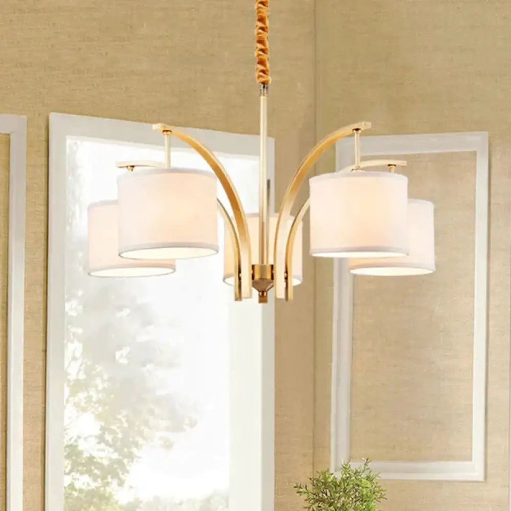 3/5 Bulbs Chandelier Lighting Country Drum Shade Fabric Hanging Lamp In Gold With Metal Curved Arm