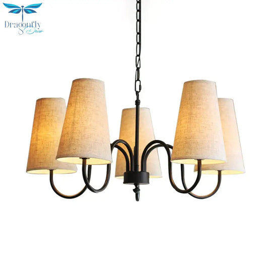 3/5 Bulbs Chandelier Lighting Fixture Rural Living Room Pendant Lamp With Conical Fabric Shade In