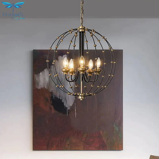 3/5 Bulbs Dining Room Ceiling Lamp Country Black Chandelier Pendant Light With Globe Metal Cage