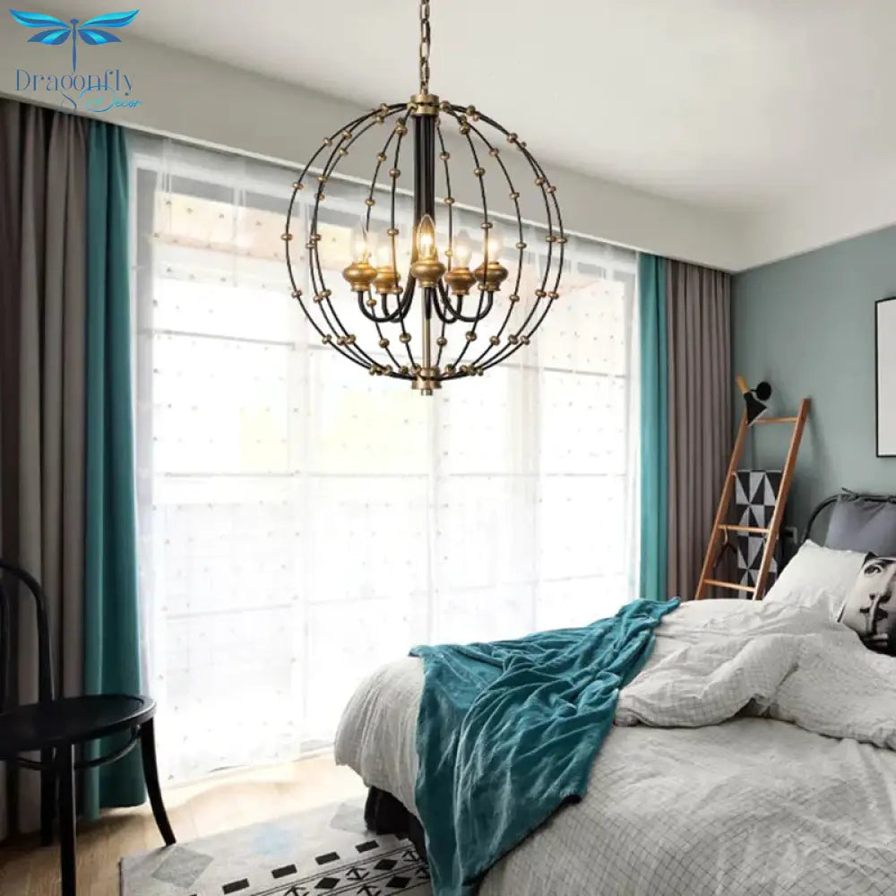 3/5 Bulbs Dining Room Ceiling Lamp Country Black Chandelier Pendant Light With Globe Metal Cage
