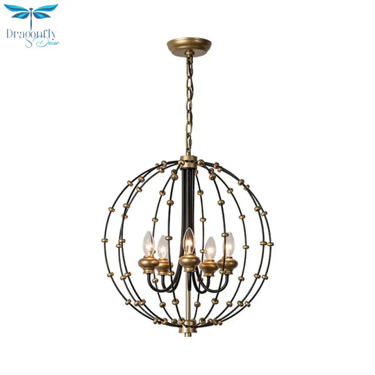 3/5 Bulbs Dining Room Ceiling Lamp Country Black Chandelier Pendant Light With Globe Metal Cage