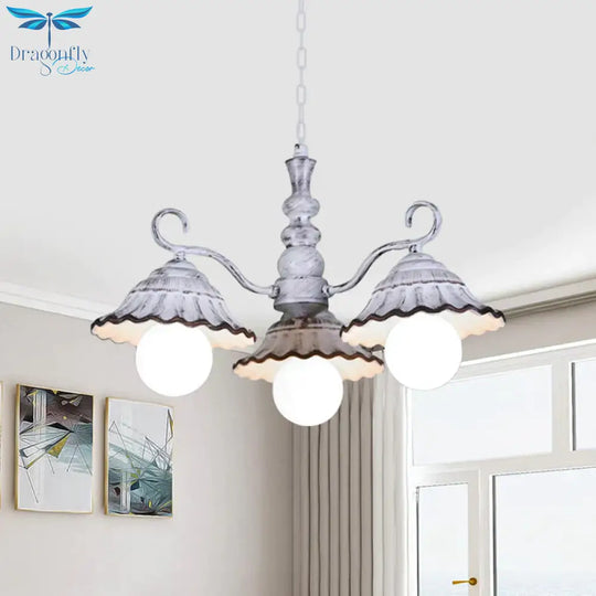 3/5 Bulbs Pendant Chandelier Countryside Scalloped Conic Ceramics Down Lighting In White