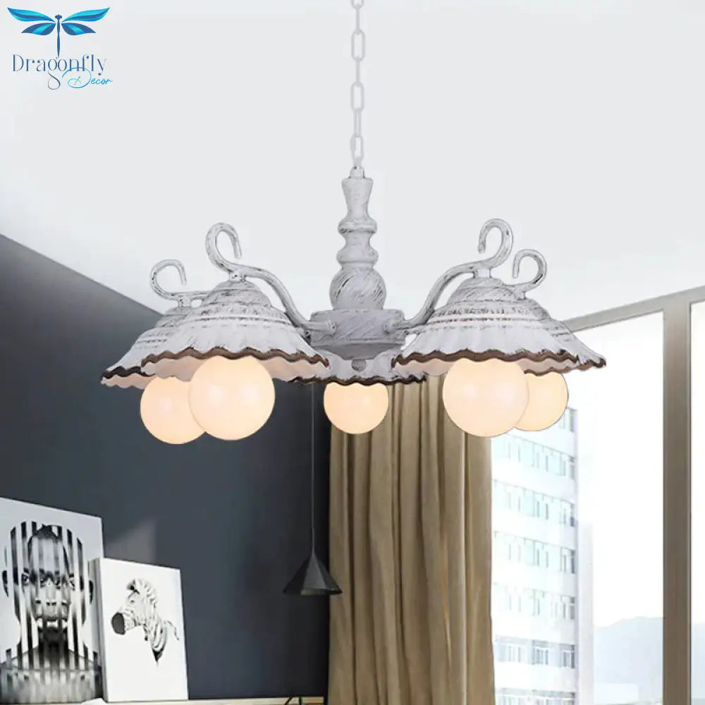 3/5 Bulbs Pendant Chandelier Countryside Scalloped Conic Ceramics Down Lighting In White