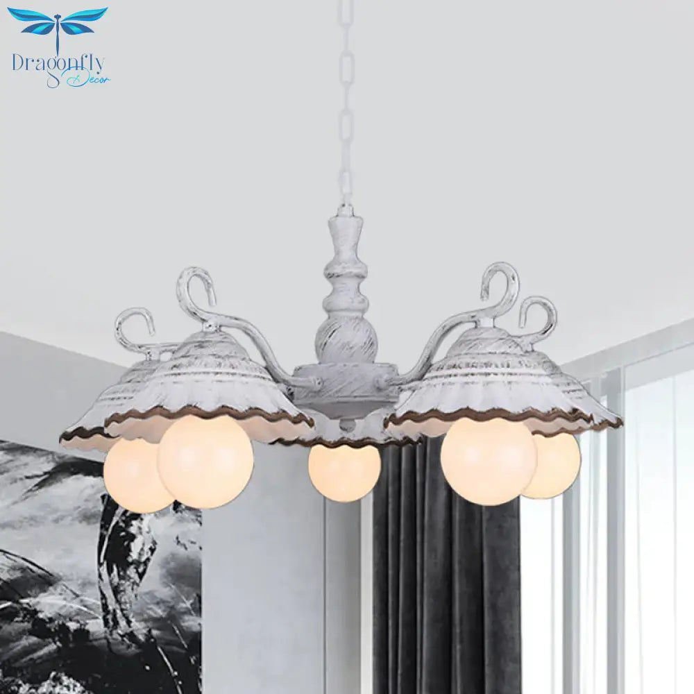 3/5 Bulbs Pendant Chandelier Countryside Scalloped Conic Ceramics Down Lighting In White