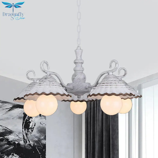 3/5 Bulbs Pendant Chandelier Countryside Scalloped Conic Ceramics Down Lighting In White