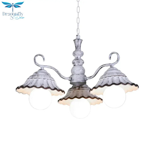 3/5 Bulbs Pendant Chandelier Countryside Scalloped Conic Ceramics Down Lighting In White