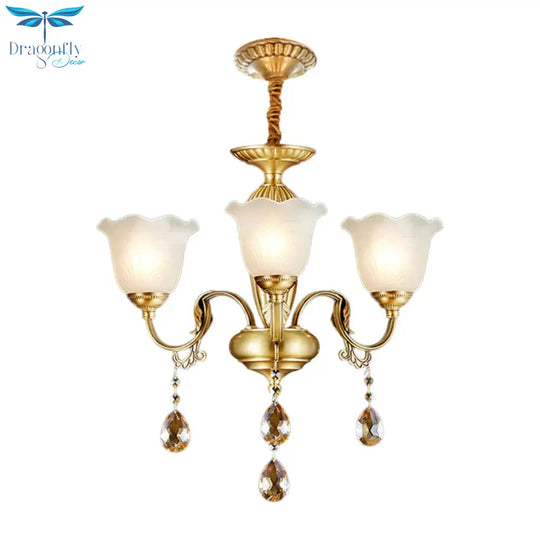 3/5 Bulbs Scrolls Hanging Lamp Traditional Gold Crystal Floral Shade Chandelier With Clear Glass