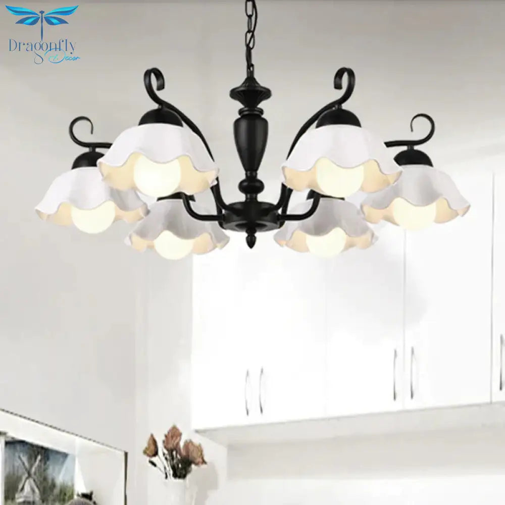 3/6/8 Bulbs Ceiling Lamp With Scalloped Shade Ceramic Traditional Dining Room Chandelier Pendant