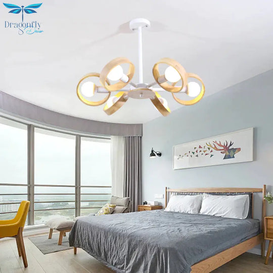 3/6/8 Heads Round Chandelier Light Contemporary Wood Hanging Ceiling In Black/White For Living Room