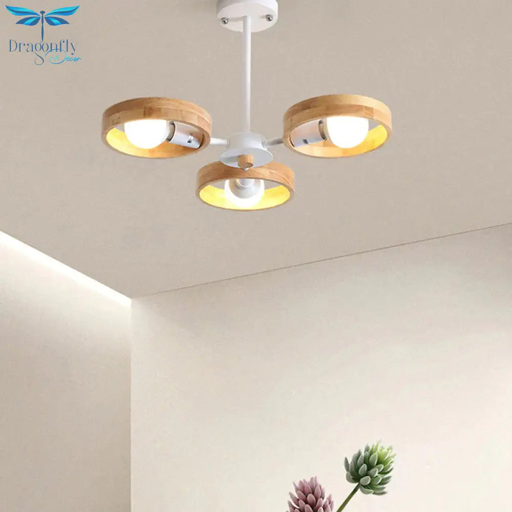 3/6/8 Heads Round Chandelier Light Contemporary Wood Hanging Ceiling In Black/White For Living Room