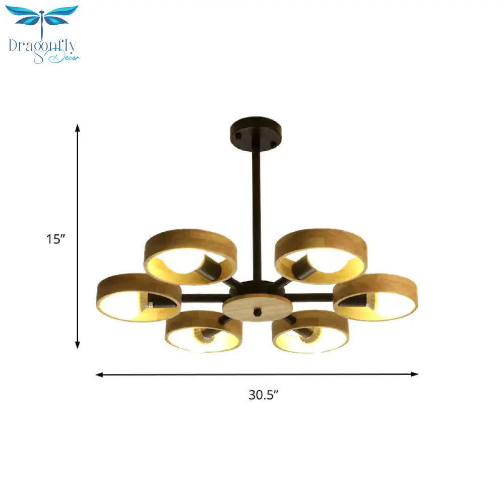 3/6/8 Heads Round Chandelier Light Contemporary Wood Hanging Ceiling In Black/White For Living Room