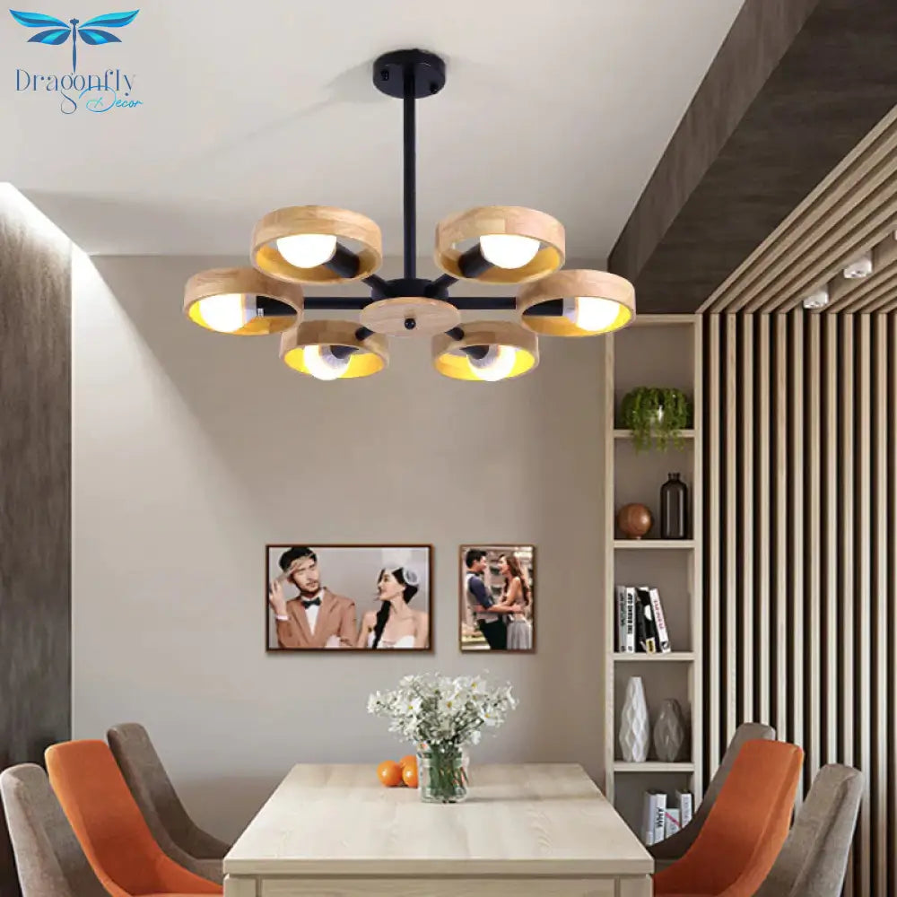 3/6/8 Heads Round Chandelier Light Contemporary Wood Hanging Ceiling In Black/White For Living Room