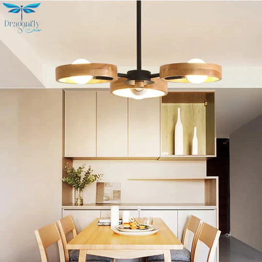 3/6/8 Heads Round Chandelier Light Contemporary Wood Hanging Ceiling In Black/White For Living Room