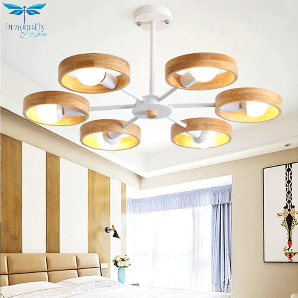 3/6/8 Heads Round Chandelier Light Contemporary Wood Hanging Ceiling In Black/White For Living Room