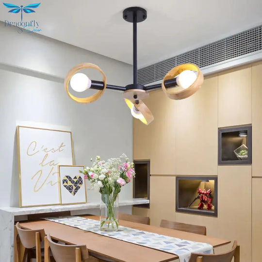 3/6/8 Heads Round Chandelier Light Contemporary Wood Hanging Ceiling In Black/White For Living Room