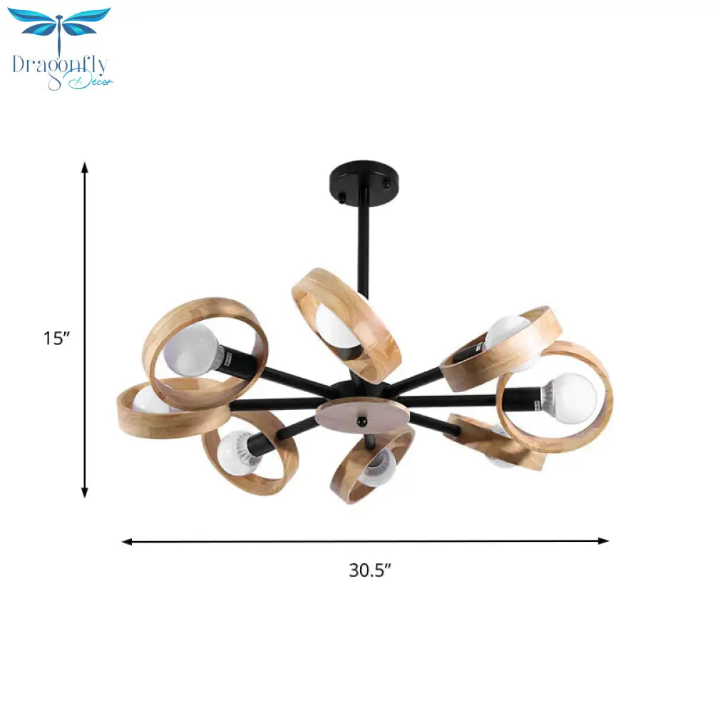 3/6/8 Heads Round Chandelier Light Contemporary Wood Hanging Ceiling In Black/White For Living Room