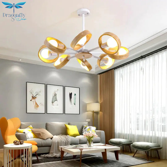 3/6/8 Heads Round Chandelier Light Contemporary Wood Hanging Ceiling In Black/White For Living Room