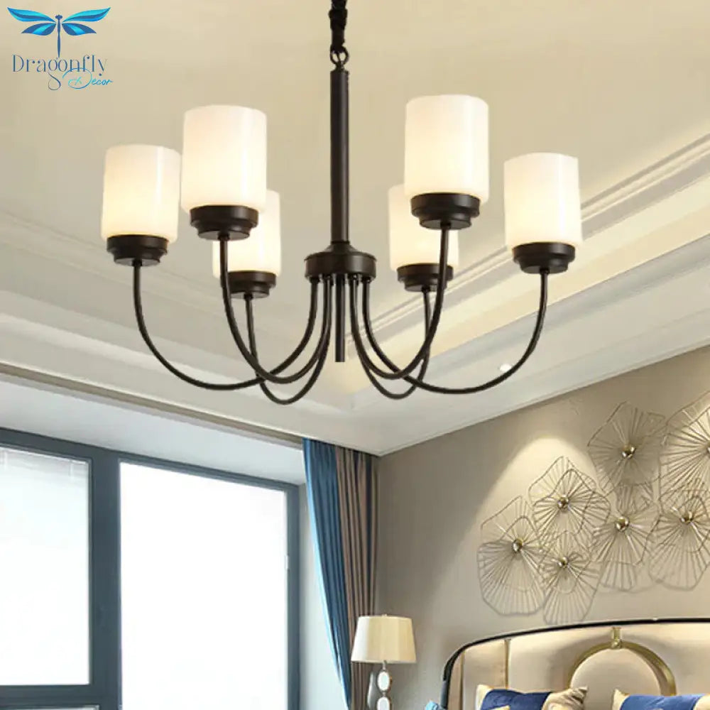 3/6/8 Lights Ceiling Light Traditional Cylinder Opal Glass Hanging Chandelier In Black For Living
