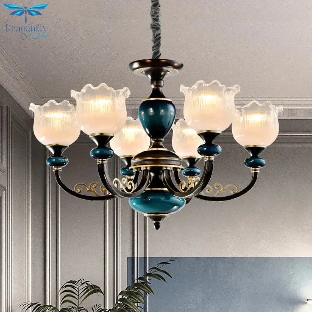 3/6 Bulbs Blossom Hanging Light Kit Classic Black Finish Clear Ribbed Glass Pendant Chandelier