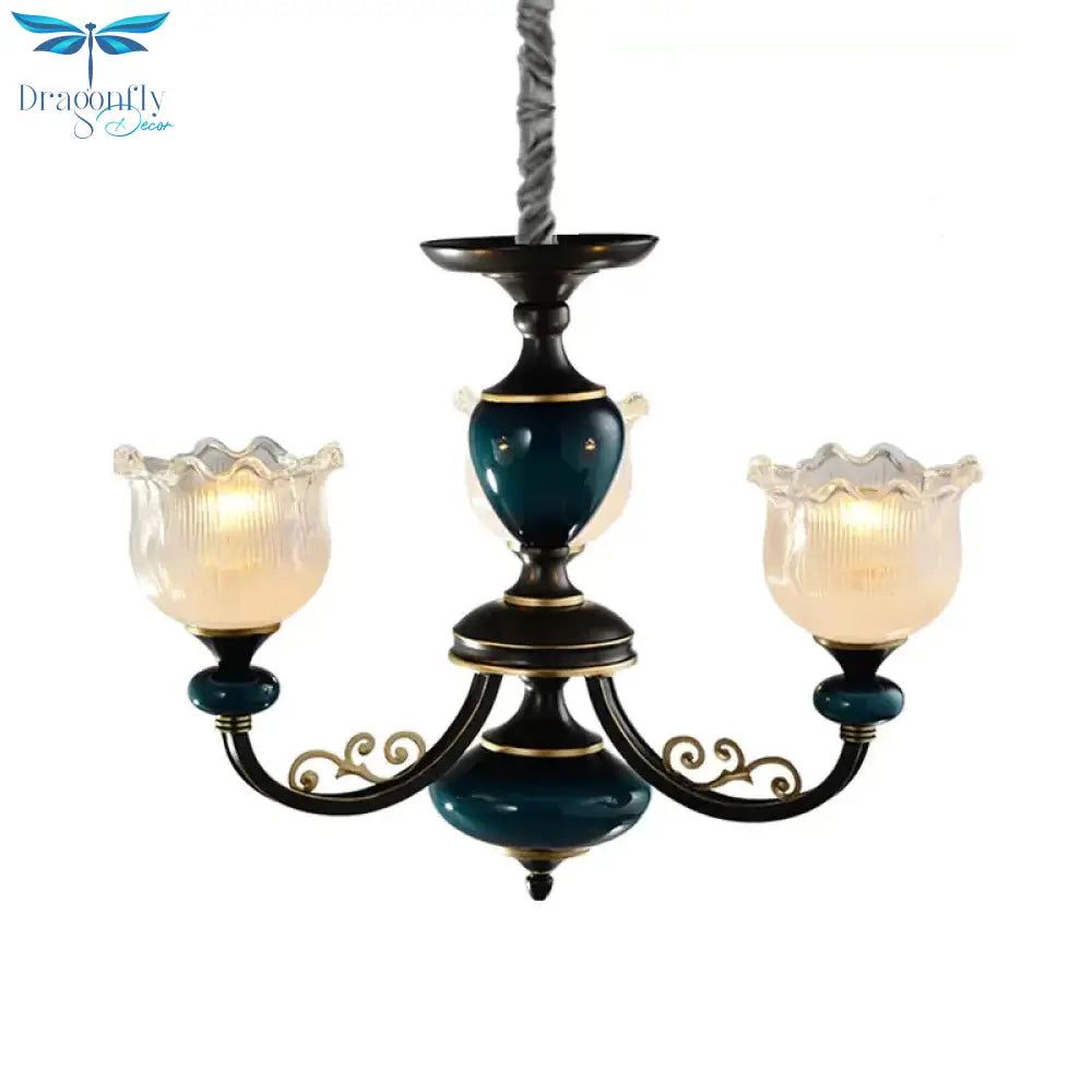 3/6 Bulbs Blossom Hanging Light Kit Classic Black Finish Clear Ribbed Glass Pendant Chandelier