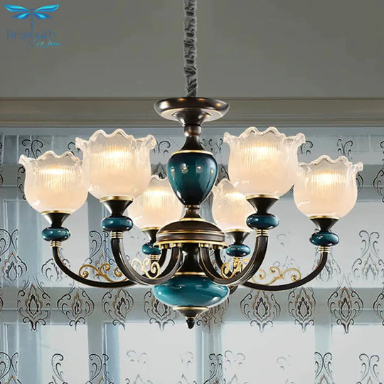 3/6 Bulbs Blossom Hanging Light Kit Classic Black Finish Clear Ribbed Glass Pendant Chandelier