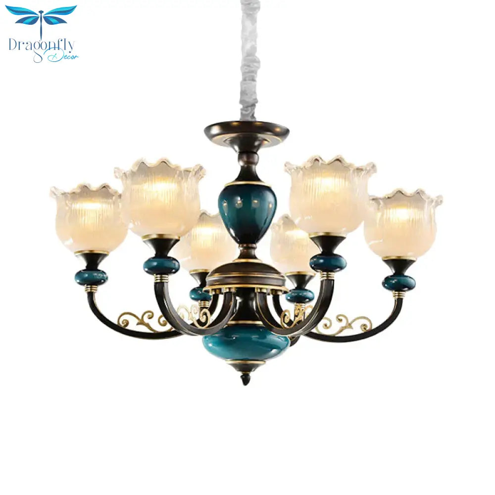 3/6 Bulbs Blossom Hanging Light Kit Classic Black Finish Clear Ribbed Glass Pendant Chandelier