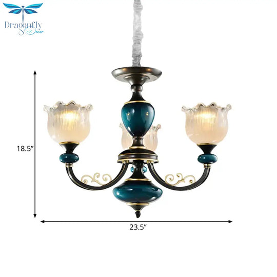 3/6 Bulbs Blossom Hanging Light Kit Classic Black Finish Clear Ribbed Glass Pendant Chandelier