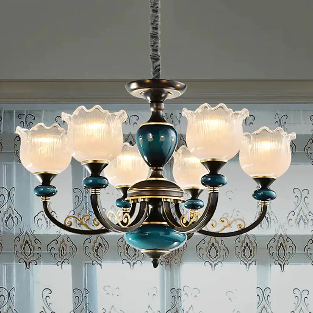 3/6 Bulbs Blossom Hanging Light Kit Classic Black Finish Clear Ribbed Glass Pendant Chandelier 6 /