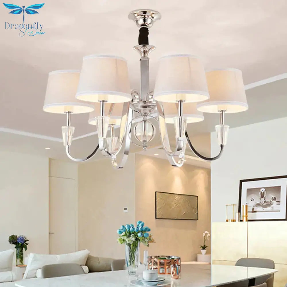 3/6 Bulbs Cone Chandelier Light Classic White Fabric Hanging Ceiling Fixture For Bedroom