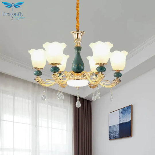 3/6 Bulbs Up Suspension Lamp Classic Flower Opal Glass Pendant Chandelier With Scrolled Arm In